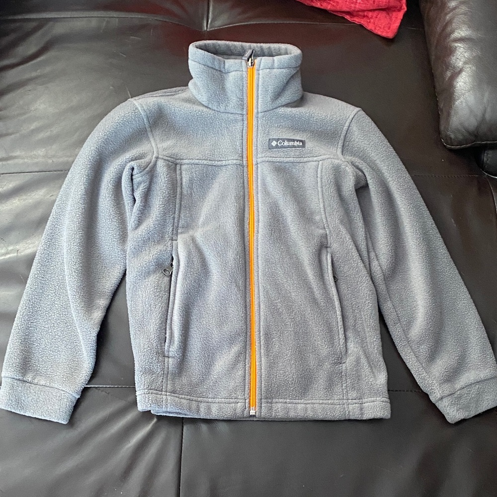 Columbia Light Gray Fleece Jacket with Bright Orange Zipper EUC kids size small